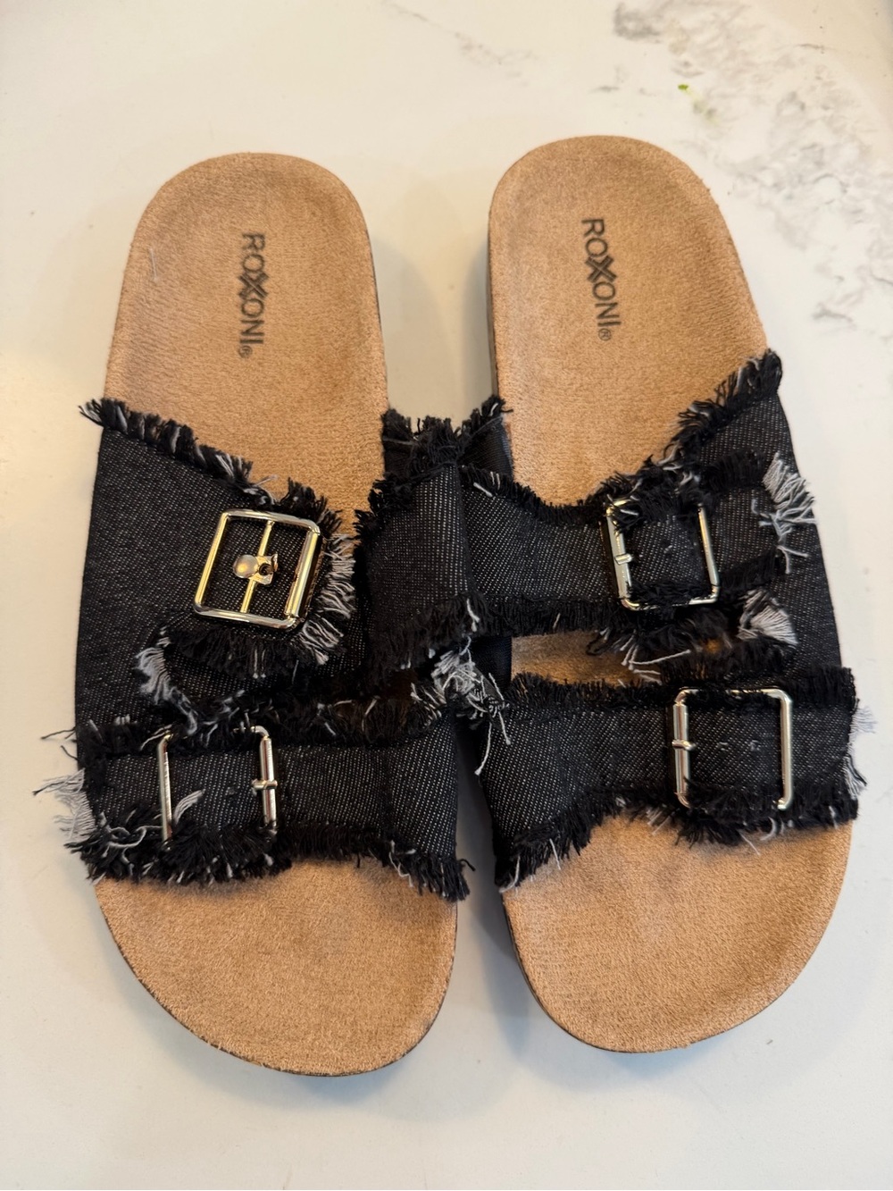 Black frayed slip in sandals- never worn size 41